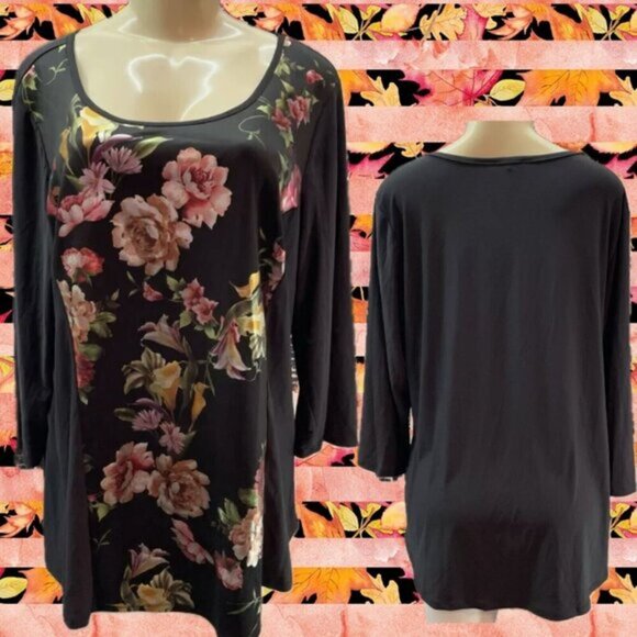 Sami & Jo +2X Black Foil Floral Print Round Neckline 3/4 Sleeve Popover Top - Picture 1 of 6